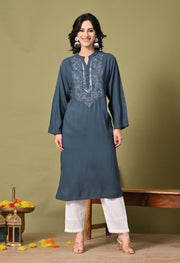 Midnight Bloom Embroidered Rayon Kurta