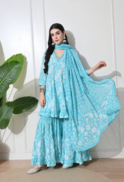 Aqua Bloom Cotton Sharara Set