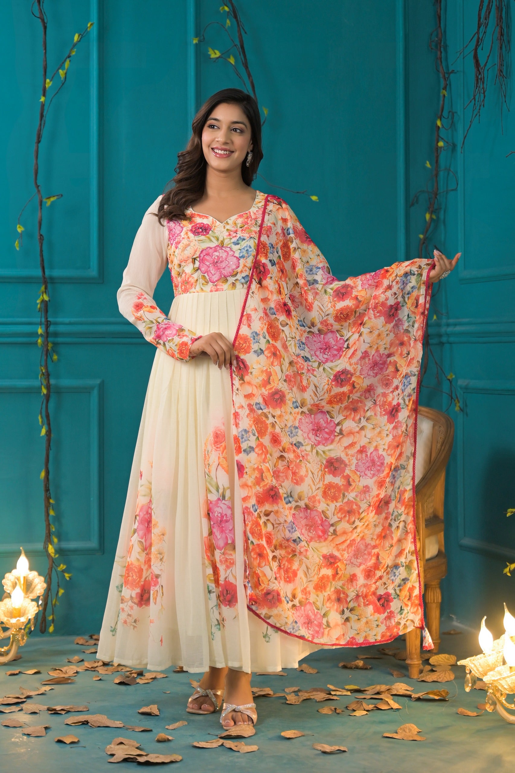 chiffon anarkali dress Green Chiffon Floral Printed & Sequins Hand Embroidered Party Wear Anarkali Set by SANAM at Pernia's Pop Up Shop 2026