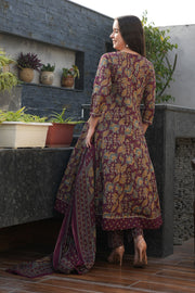 Purple Pure Cotton Printed Anarkali Suit With Printed Dupatta