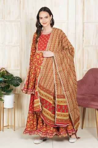Red Printed Sharara Set