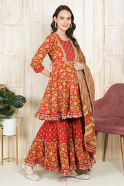 Red Printed Sharara Set