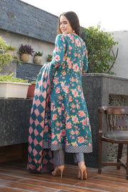 Green V Neck Pure Cotton Embroided Anarkali Suit With Dupatta