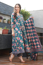 Green V Neck Pure Cotton Embroided Anarkali Suit With Dupatta
