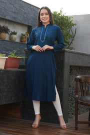 Solid Blue Kurta With Embroidery