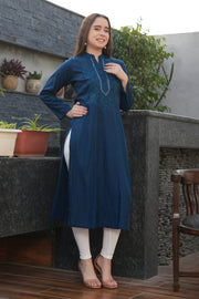 Solid Blue Kurta With Embroidery