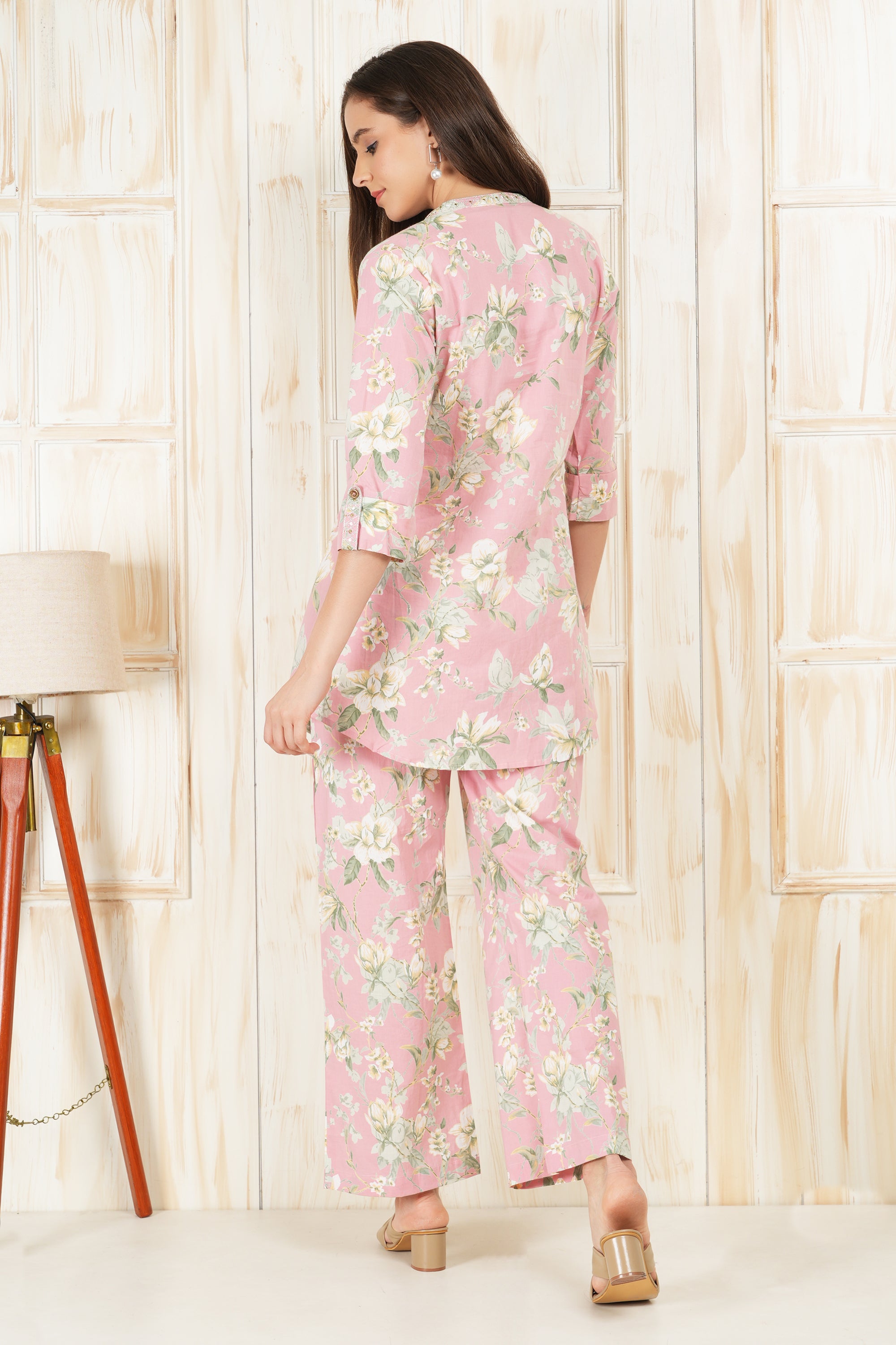 PEACH PINK FLORAL COTTON CO-ORD SET