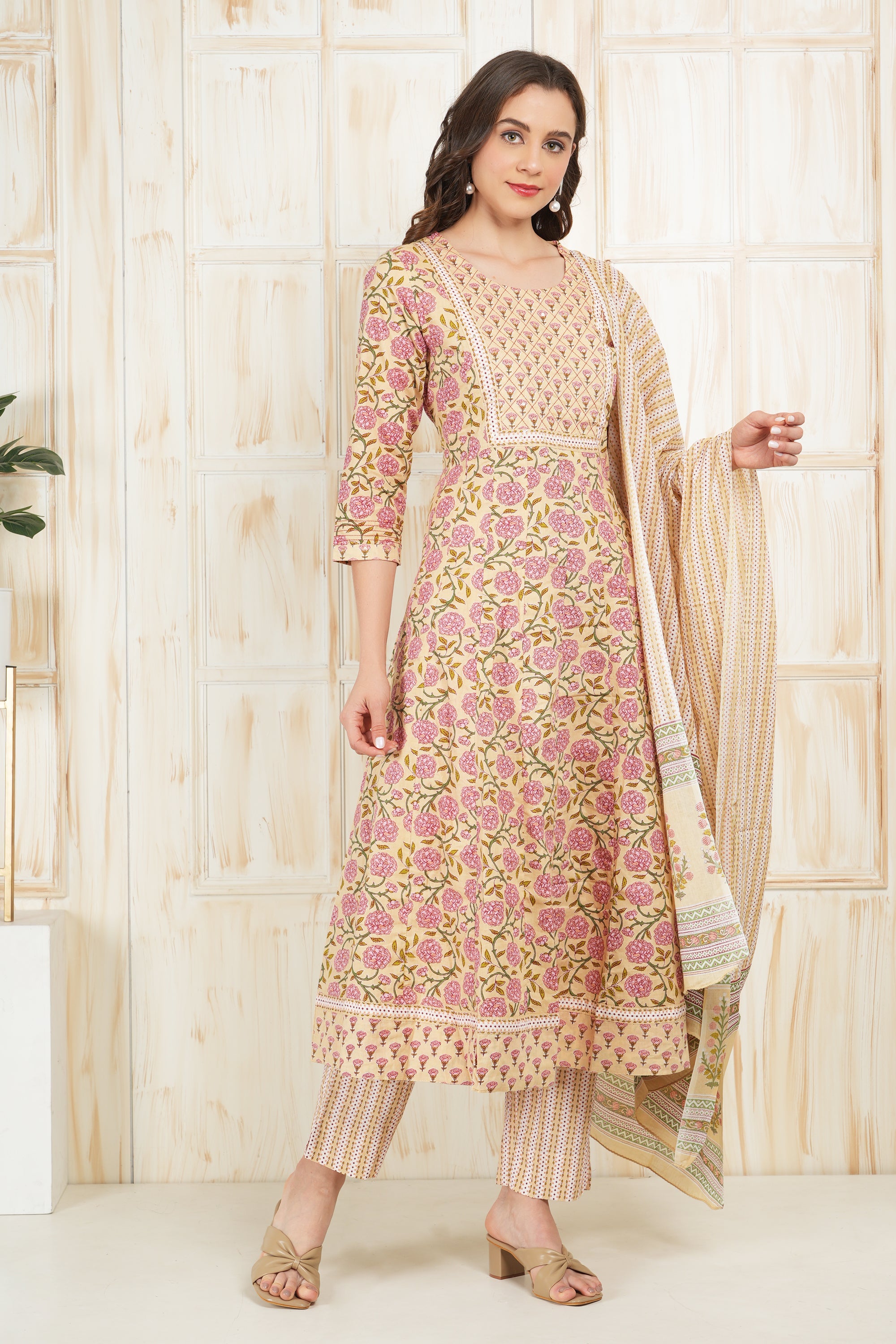 Pure Cotton Beige Anarkali Suit Orchid Bloom