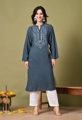 Midnight Bloom Embroidered Rayon Kurta