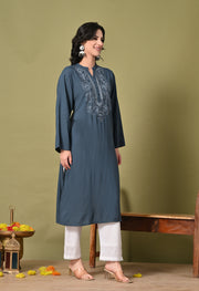 Midnight Bloom Embroidered Rayon Kurta