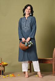 Midnight Bloom Embroidered Rayon Kurta