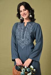Midnight Bloom Embroidered Rayon Kurta