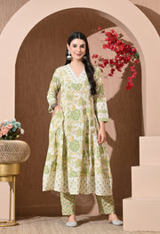 Pistachio Bloom Cotton Anarkali Suit Set