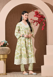 Pistachio Bloom Cotton Anarkali Suit Set