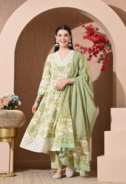 Pistachio Bloom Cotton Anarkali Suit Set