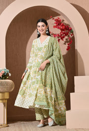 Pistachio Bloom Cotton Anarkali Suit Set