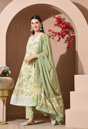Pistachio Bloom Cotton Anarkali Suit Set