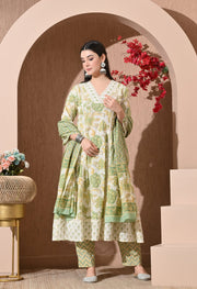 Pistachio Bloom Cotton Anarkali Suit Set