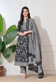 Monochrome Bloom Cotton Anarkali Suit Set