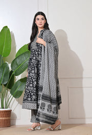 Monochrome Bloom Cotton Anarkali Suit Set