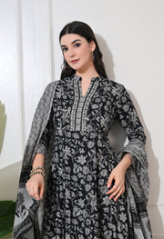 Monochrome Bloom Cotton Anarkali Suit Set
