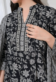 Monochrome Bloom Cotton Anarkali Suit Set