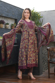 Purple Pure Cotton Printed Anarkali Suit With Printed Dupatta