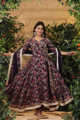 Midnight Garden Muslin Flared Anarkali Suit Set