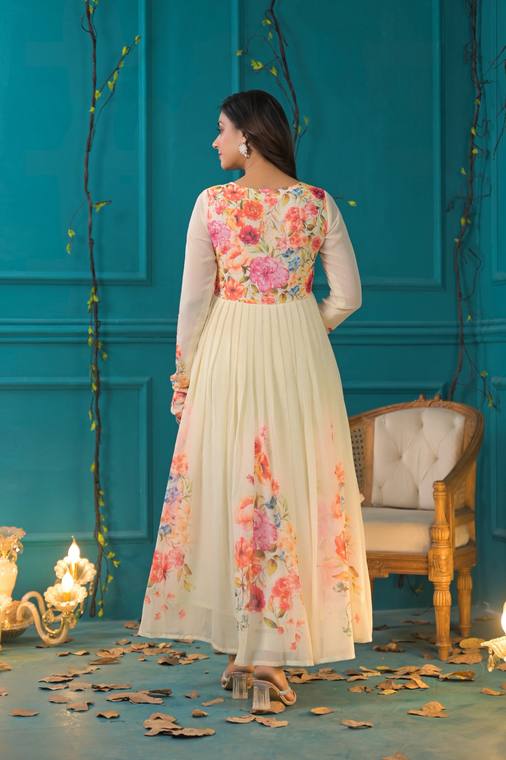 floral chiffon anarkali dress Dark Blue Floral Chiffon Anarkali With Dupatta