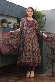 Purple Pure Cotton Printed Anarkali Suit With Printed Dupatta